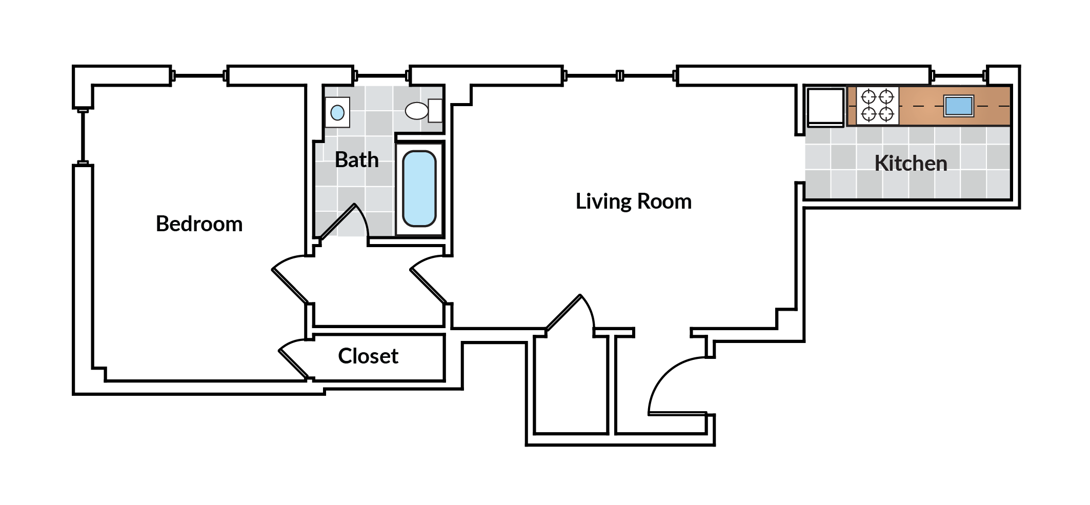 Floor plan for 1 bed, 1 bath, 540 sqft